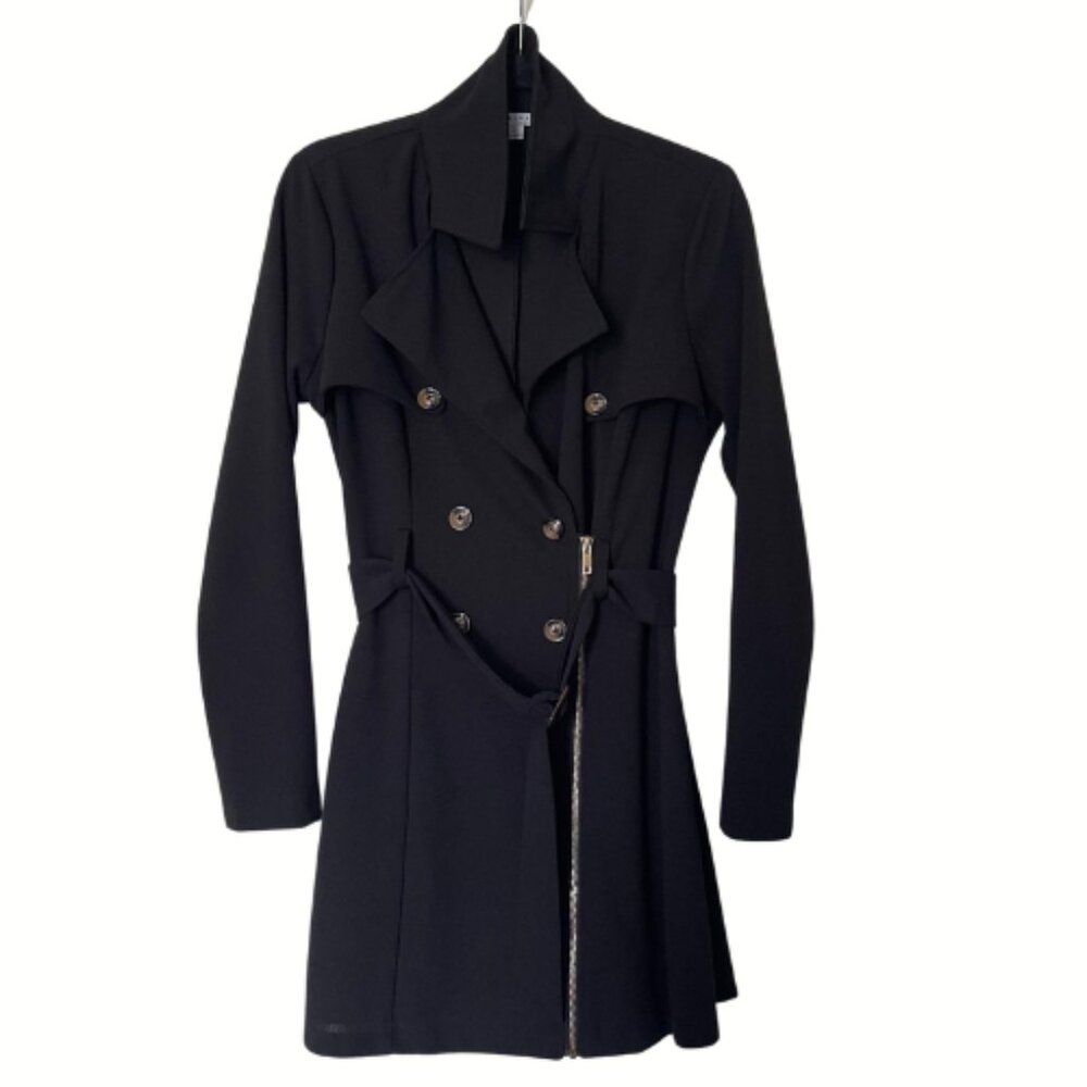 FAVLUX Black Double Breasted Blazer Coat Women’s L Longline Belted Zip Slim Fit